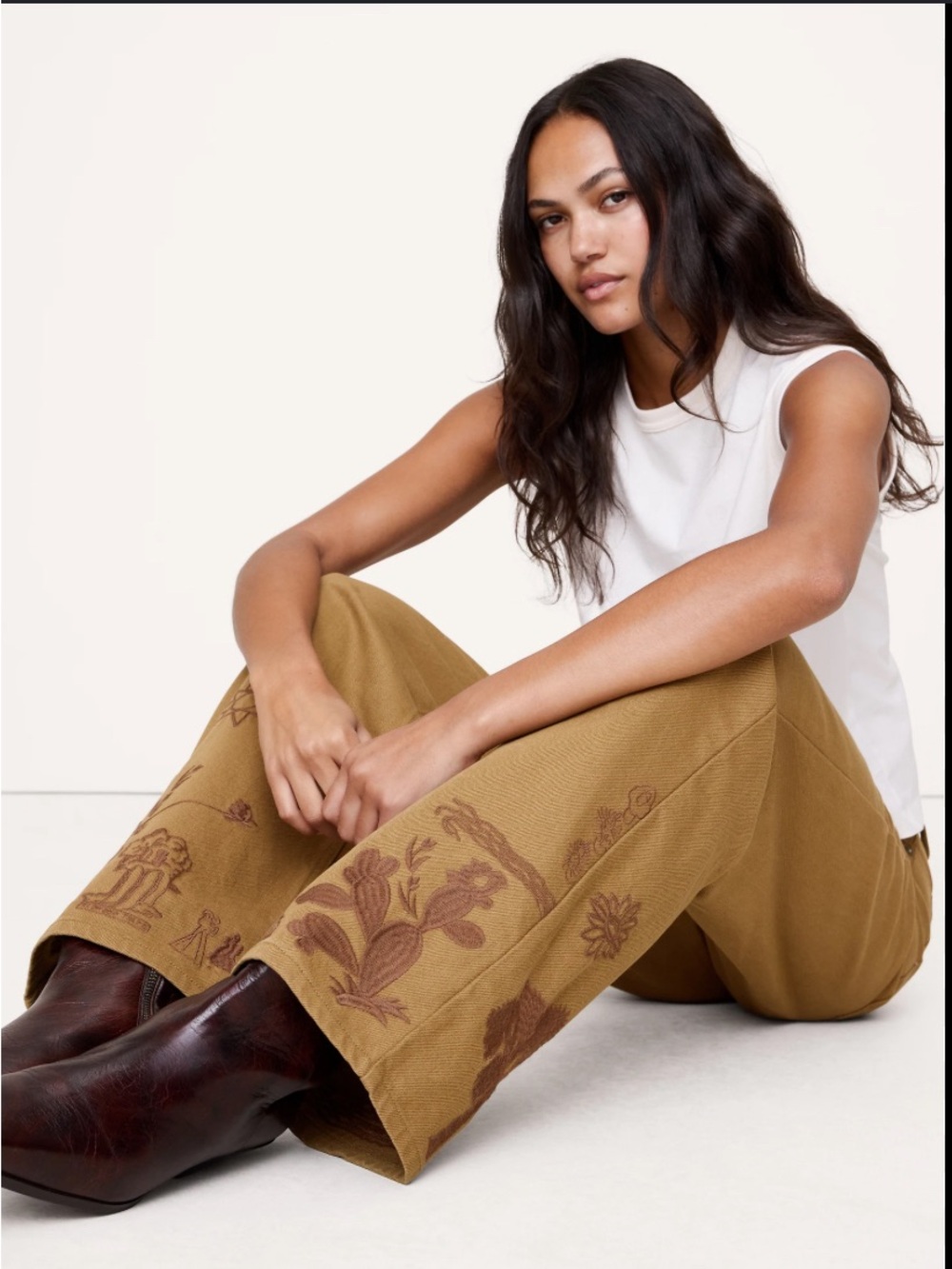 Embroidered Wide-Leg Cotton Canvas Pants in Whiskey Brown